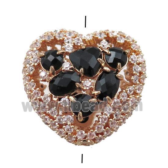 copper heart beads paved zircon with black crystal glass, hollow, gold plated