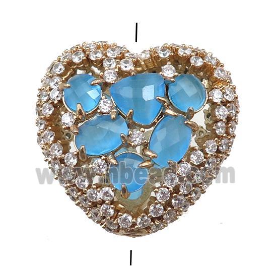 copper heart beads paved zircon with blue crystal glass, hollow, gold plated