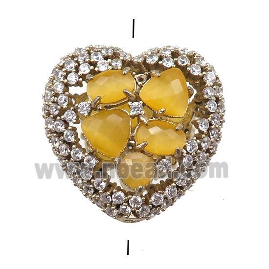 copper heart beads paved zircon with yellow crystal glass, hollow, gold plated