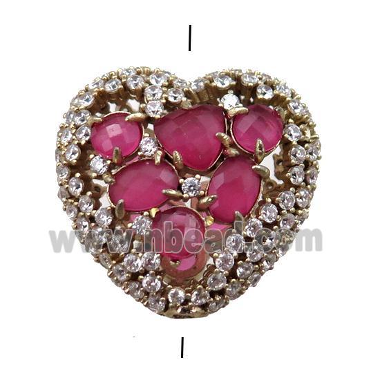 copper heart beads paved zircon with hotpink crystal glass, hollow, gold plated