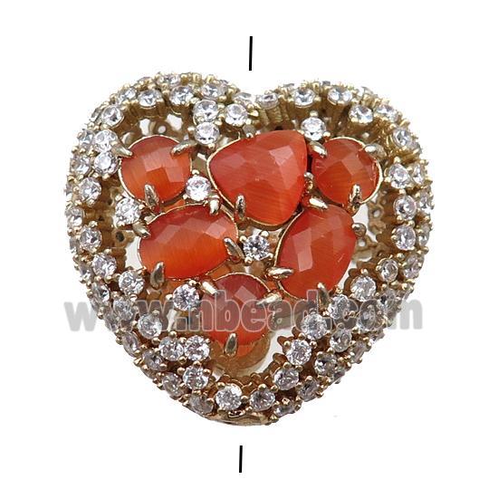 copper heart beads paved zircon with orange crystal glass, hollow, gold plated