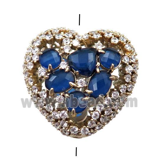 copper heart beads paved zircon with blue crystal glass, hollow, gold plated