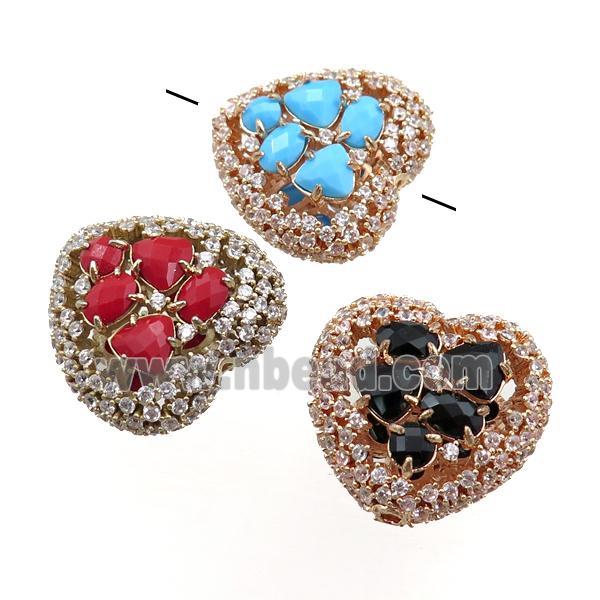 copper heart beads paved zircon with crystal glass, hollow, mixed, gold plated