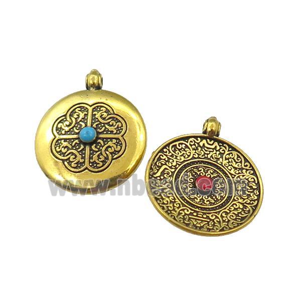 tibetan mandala zinc circle pendant, antique gold