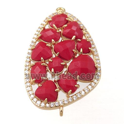 copper teardrop connector paved zircon with red crystal glass, hollow, gold plated