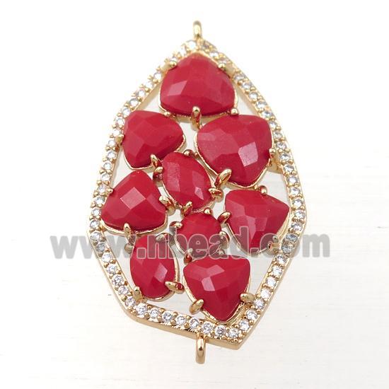 copper polygon connector paved zircon with red crystal glass, hollow, gold plated