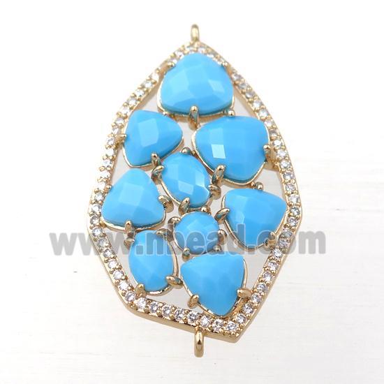 copper polygon connector paved zircon with blue crystal glass, hollow, gold plated