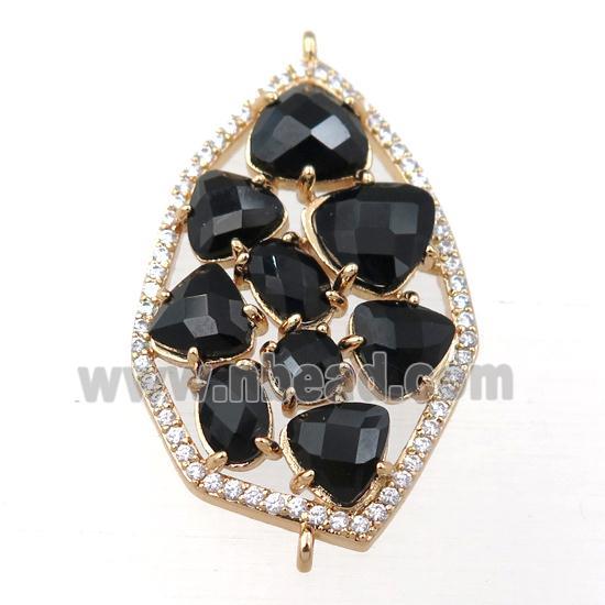copper polygon connector paved zircon with black crystal glass, hollow, gold plated
