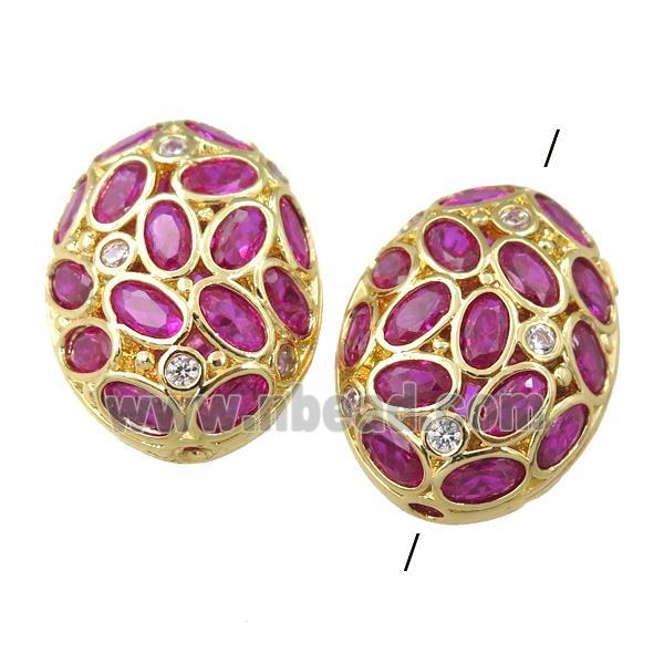 copper oval beads paved hotpink zircon, hollow, gold plated