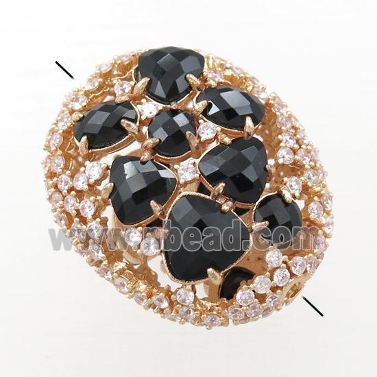 copper oval beads paved zircon with black crystal glass, hollow, gold plated