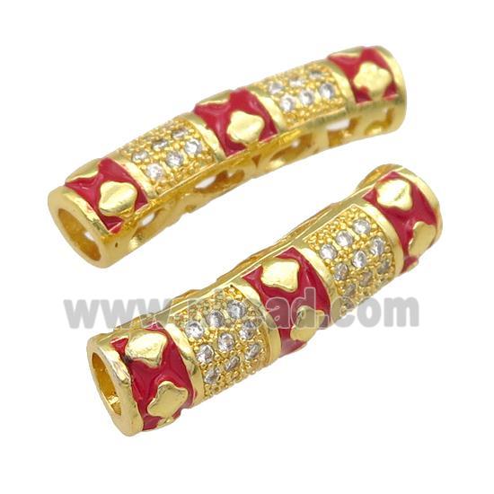 copper tube beads paved zircon with red enaeml, large hole, gold plated