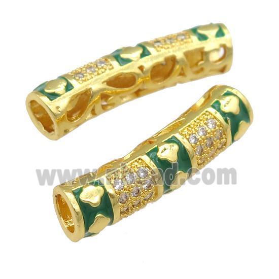 copper tube beads paved zircon with green enaeml, gold plated