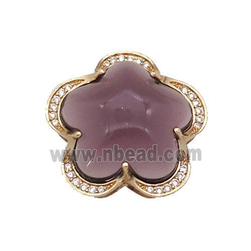 copper Flower pendant paved purple Cat Eye Crystal, gold plated
