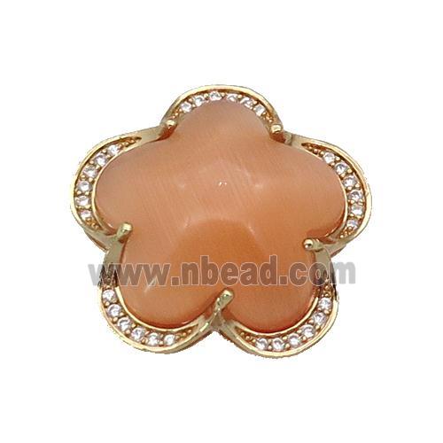 copper Flower pendant paved peach Cat Eye Crystal, gold plated