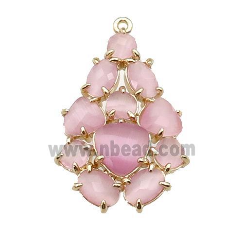 copper Tree pendant pave pink Cat Eye Crystal, gold plated