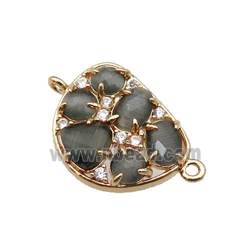 copper teardrop connector pave grey Cat Eye Crystal, gold plated
