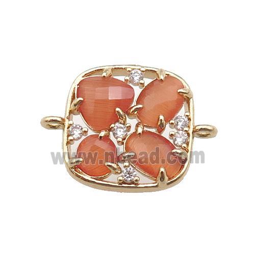 copper square connector pave peach Cat Eye Crystal, gold plated