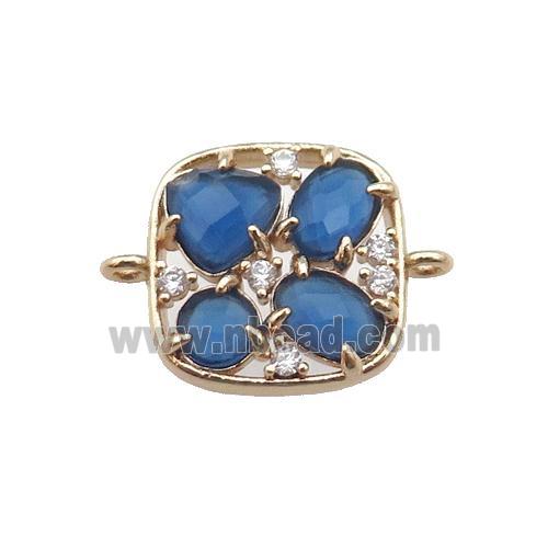 copper square connector pave blue Cat Eye Crystal, gold plated