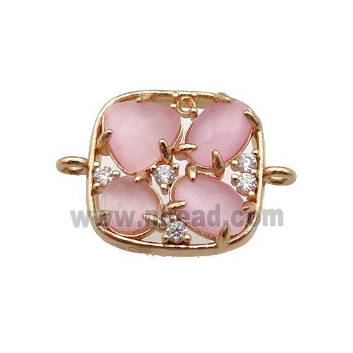 copper square connector pave pink Cat Eye Crystal, gold plated