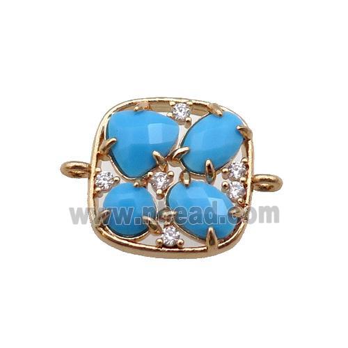 copper square connector pave blue Cat Eye Crystal, gold plated
