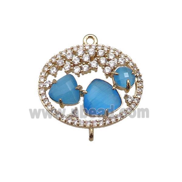 copper circle connector pave blue Cat Eye Crystal, gold plated