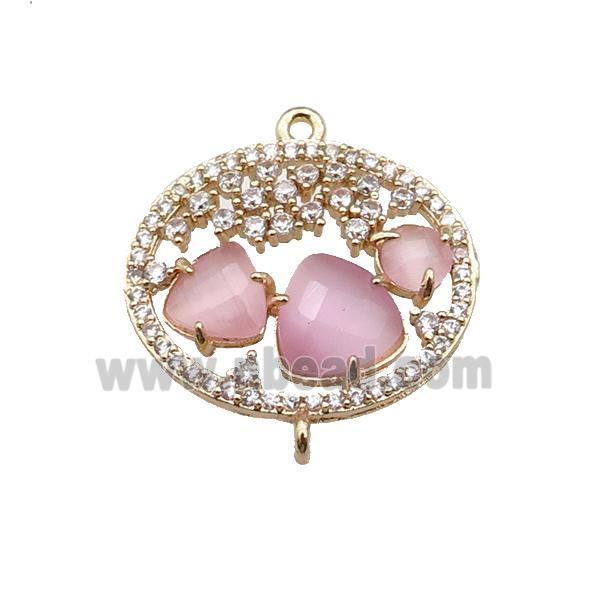 copper circle connector pave pink Cat Eye Crystal, gold plated