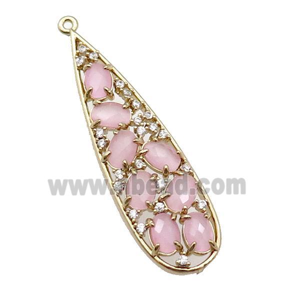 copper teardrop pendant pave pink Cat Eye Crystal, gold plated