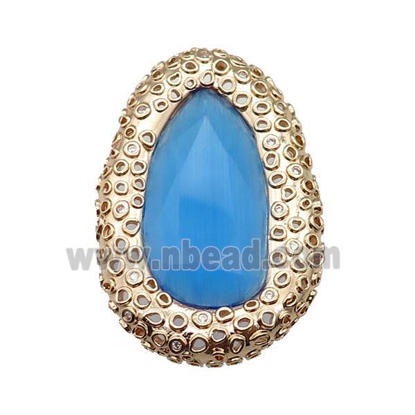 copper oval beads pave skyblue Cat Eye Crystal, gold plated