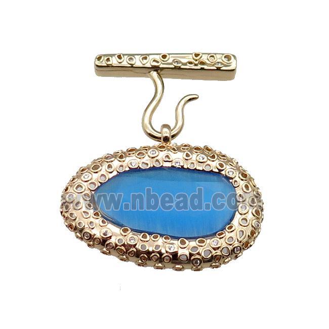 copper oval pendant pave blue Cat Eye Crystal, gold plated