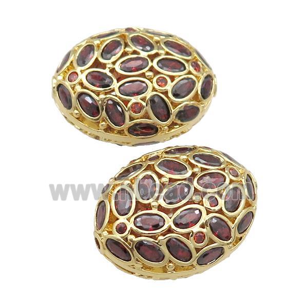 copper oval beads red pave zircon, gold plated