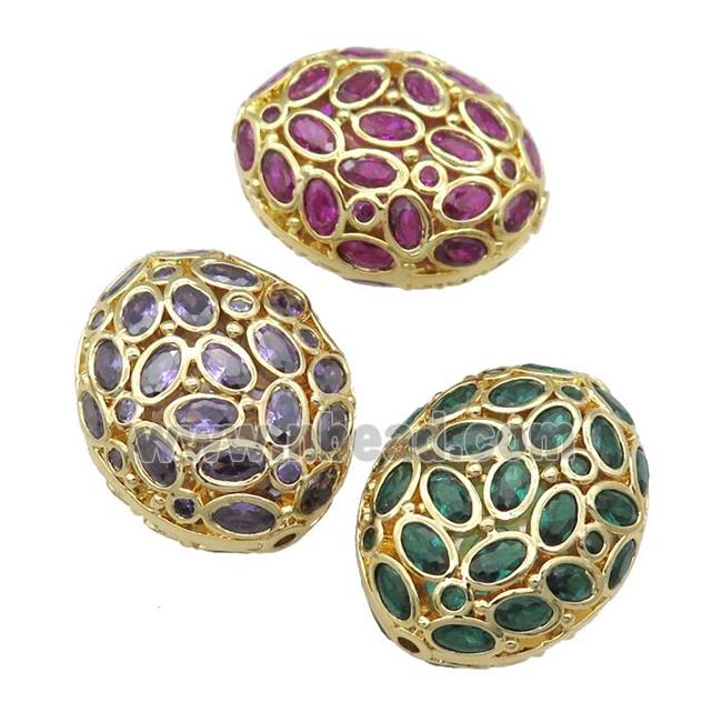 copper oval beads pave zircon, hollow, mixed, gold plated