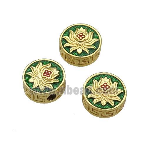 Copper Coin Beads Green Enamel Lotus Gold Plated