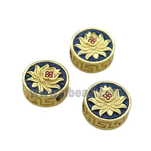 Copper Coin Beads Blue Enamel Lotus Gold Plated