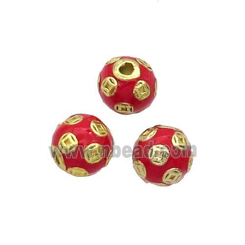 Alloy Round Beads Red Enamel Gold Plated