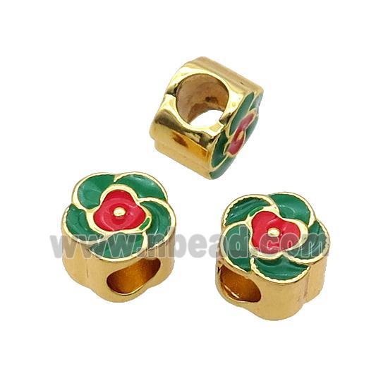 Copper Flower Beads Pink Enamel Large Hole Gold Plated