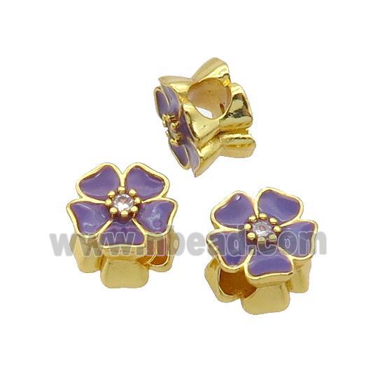 Copper Flower Beads Purple Enamel Large Hole Gold Plated