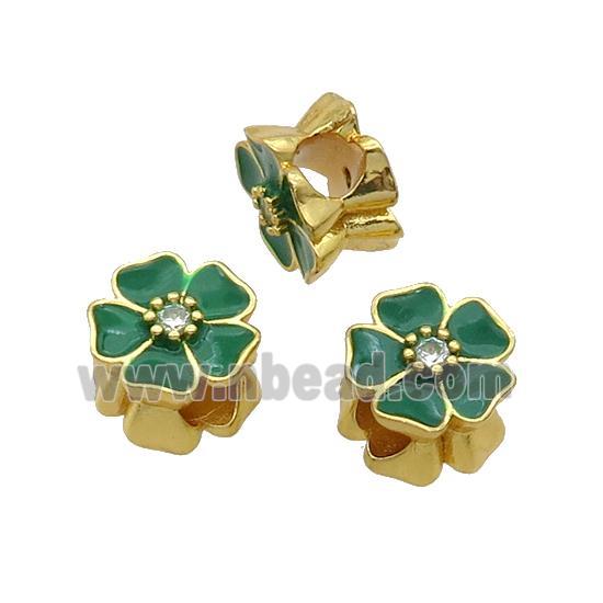 Copper Flower Beads Green Enamel Large Hole Gold Plated