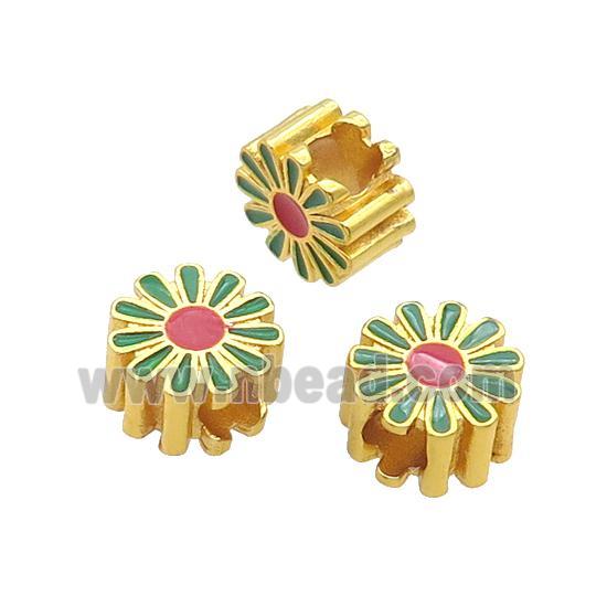 Copper Daisy Flower Beads Green Enamel Large Hole Gold Plated