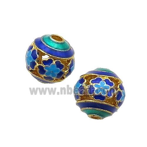 Alloy Round Beads Blue Enamel Hollow Gold Plated