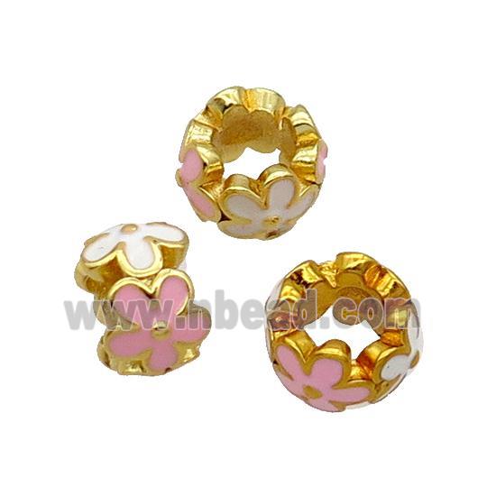 Copper Flower Beads White Pink Enamel Large Hole Gold Plated