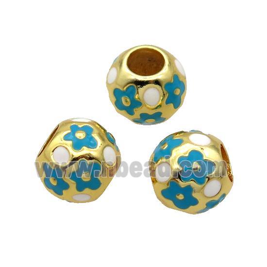 Copper Round Beads White Teal Enamel Large Hole Gold Plated