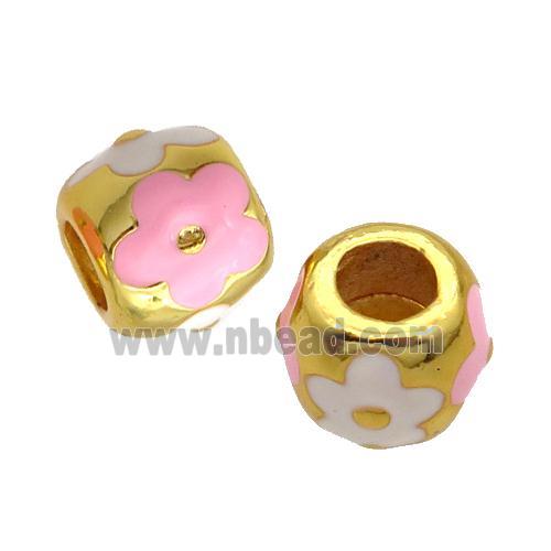 Copper Barrel Beads Pink White Enamel Large Hole Gold Plated