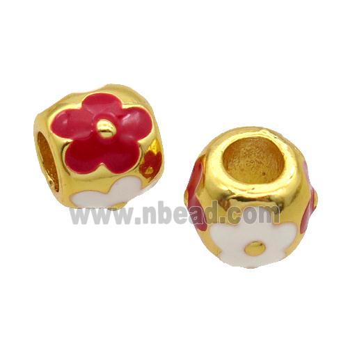 Copper Barrel Beads Red White Enamel Large Hole Gold Plated