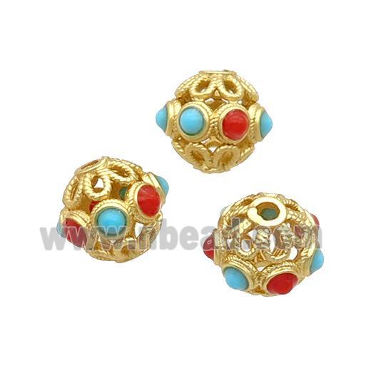 Copper Round Beads Enamel Hollow Gold Plated