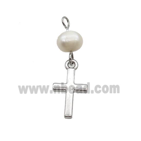 Copper Cross Pendant With Pearl Platinum Plated