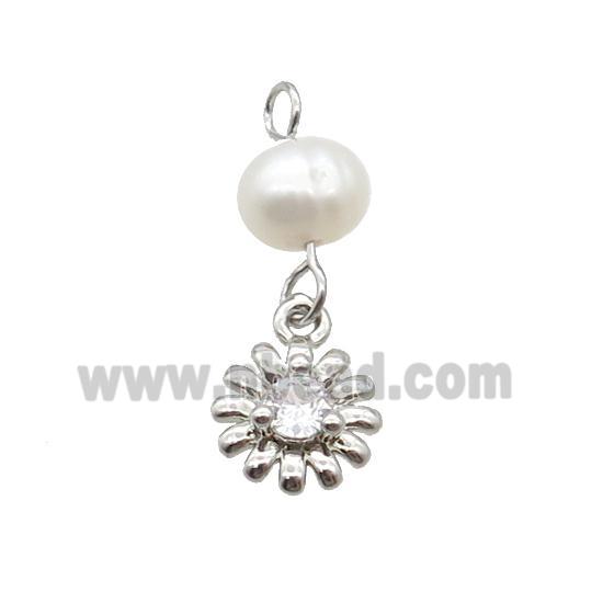 Copper Sunflower Pendant Pave Zircon With Pearl Platinum Plated