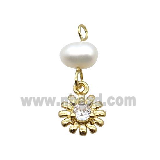 Copper Sunflower Pendant Pave Zircon With Pearl Gold Plated