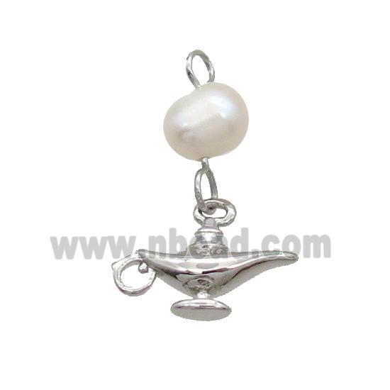 Copper Pendant With Pearl Aladdin Lamp Platinum Plated