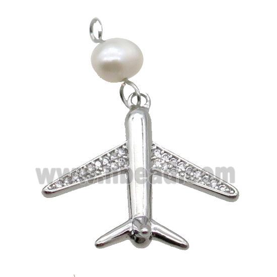 Copper Airplane Pendant Pave Zircon With Pearl Platinum Plated
