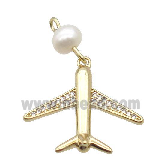 Copper Airplane Pendant Pave Zircon With Pearl Gold Plated